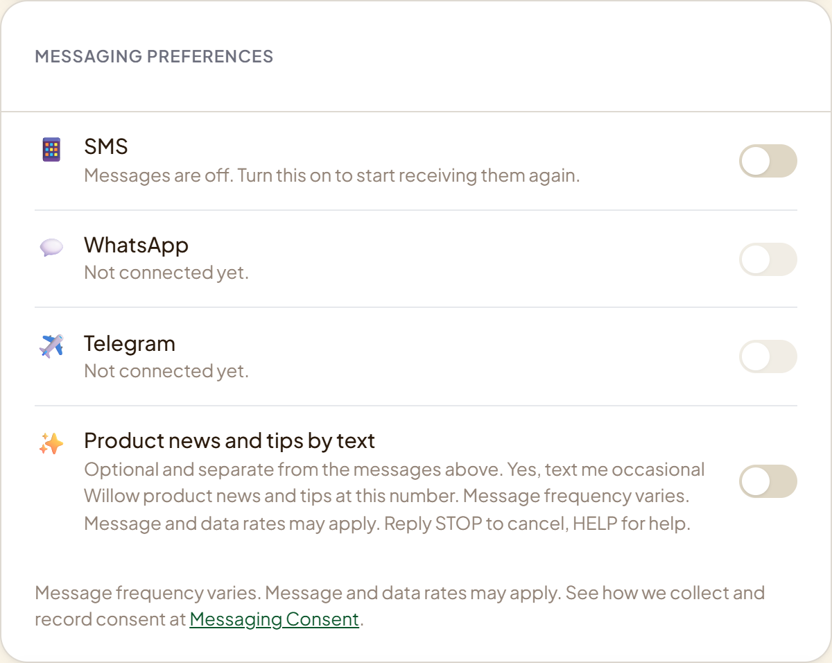 The Messaging preferences card in account settings, with every toggle off and the promotional toggle separate from the service toggles.