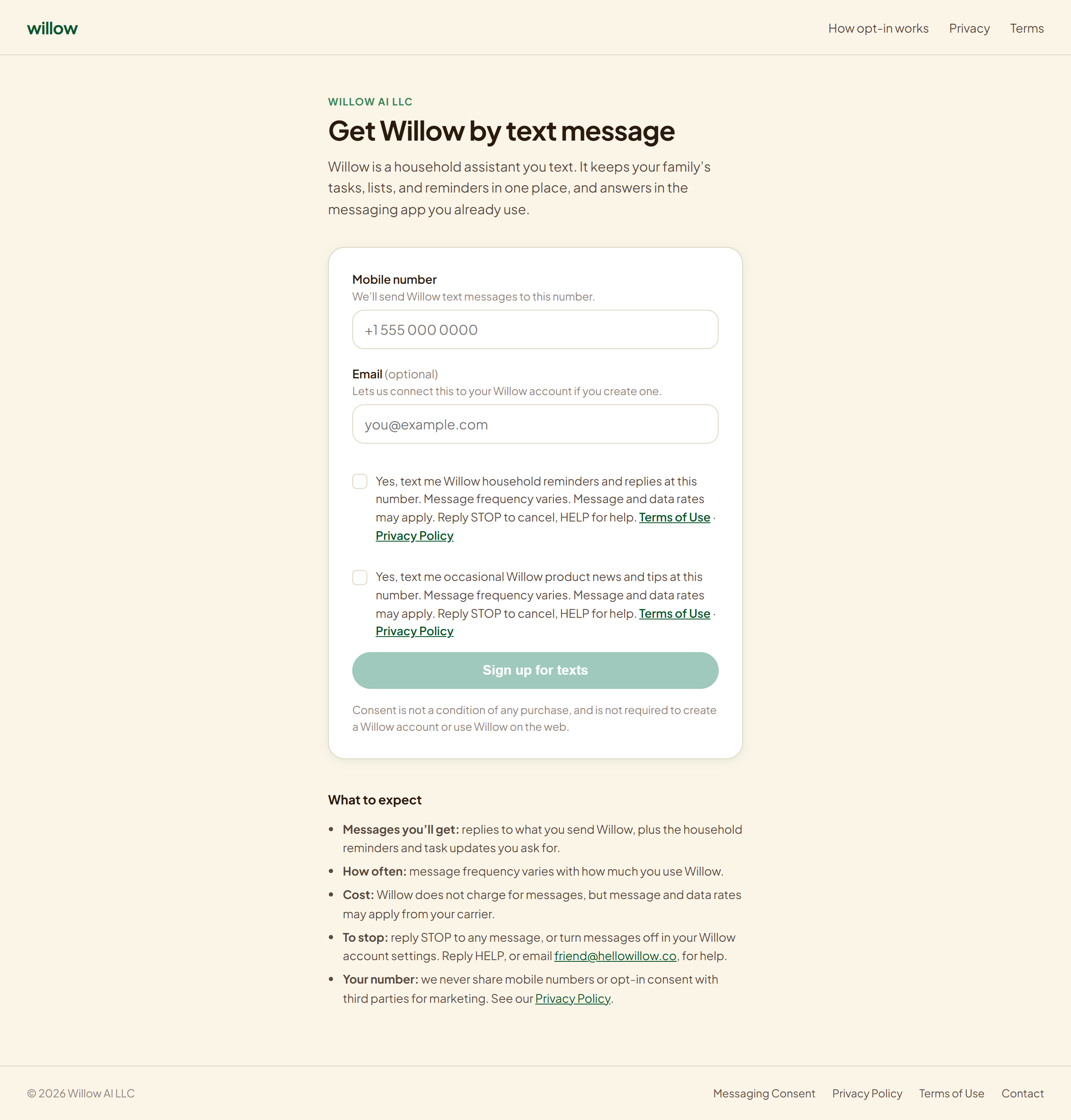 The public text-message sign-up page: phone number field, two unchecked consent boxes with the full disclosure, and Terms and Privacy links.