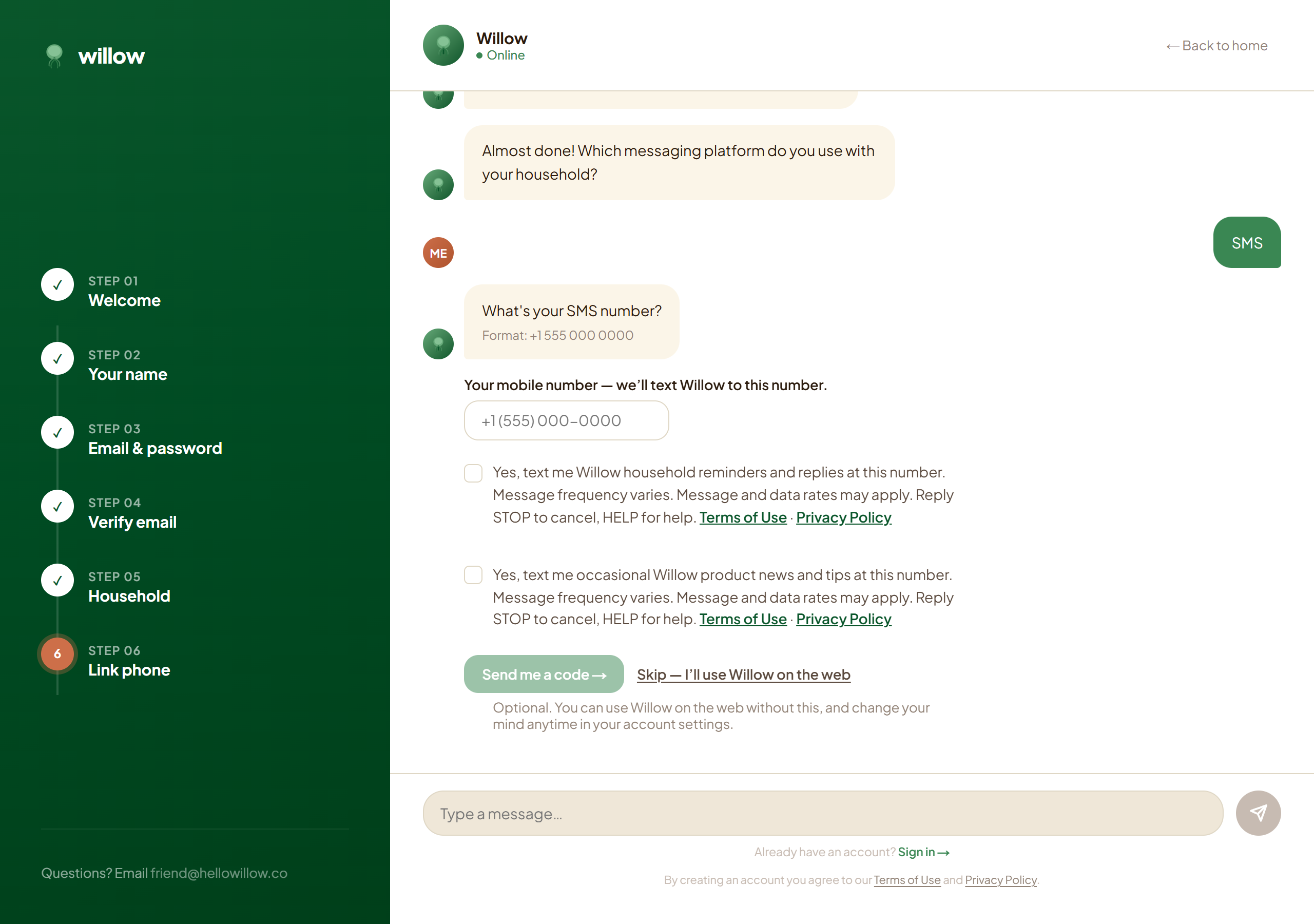 The account signup conversation at the connect-your-phone step: phone field, two unchecked consent boxes, a disabled Send me a code button, and an equally prominent Skip button.